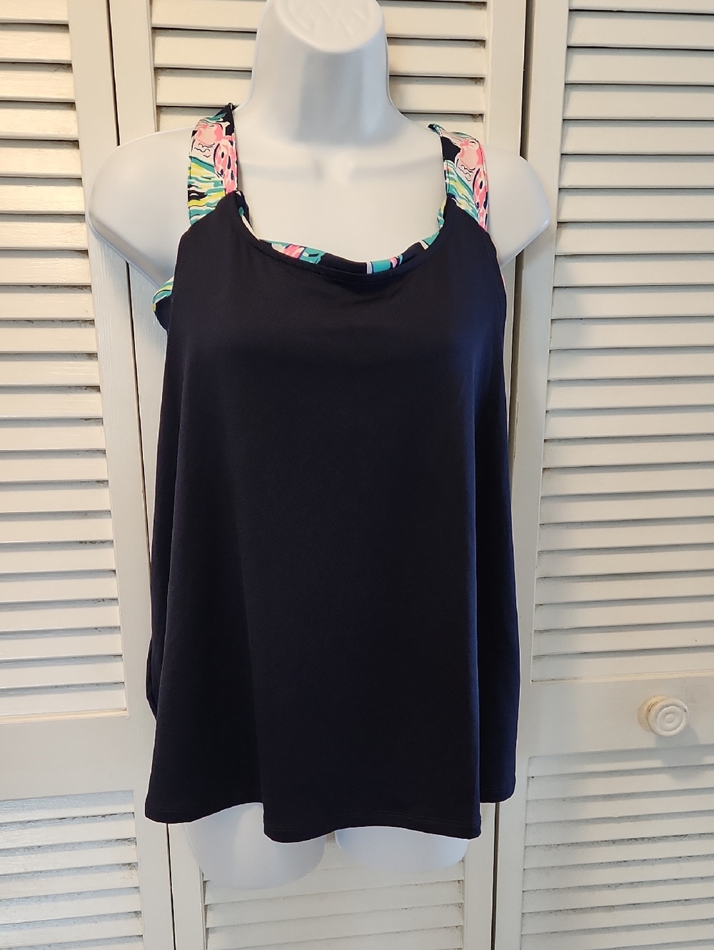 crown & ivy Navy Swim Tank with Floral Accent Straps